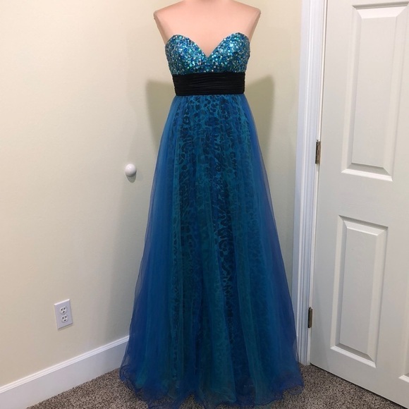 Jovani Leopard Sequin Leopard Strapless Gown Formal Dress Size 0 Y2K Blue Green - Picture 3 of 8
